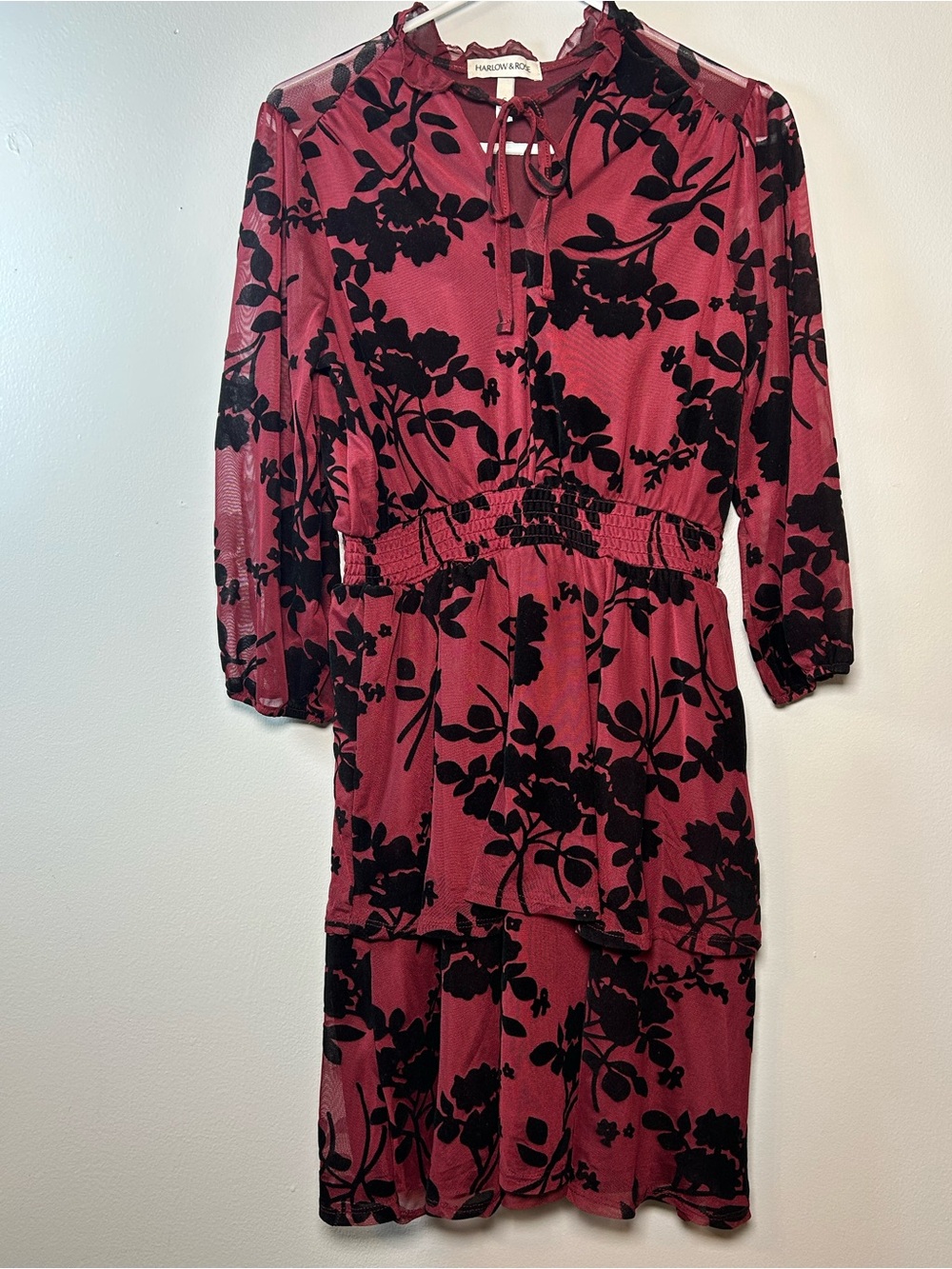 Harlow & Rose Red Black Velvet Midi Dress Sm Smocked Waist Victorian Goth Moody